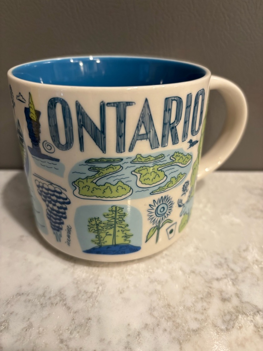 Starbucks Ontario Ceramic Mug — Blue Interior with Green & White BC6
